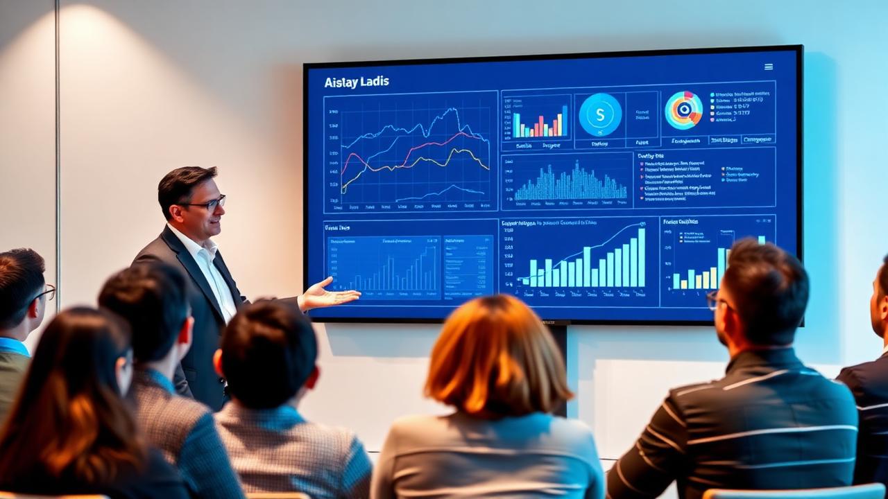 Business leader presenting an AI-powered data story with charts and narrative slides to a cross-industry AltaFuturis MasterClass cohort