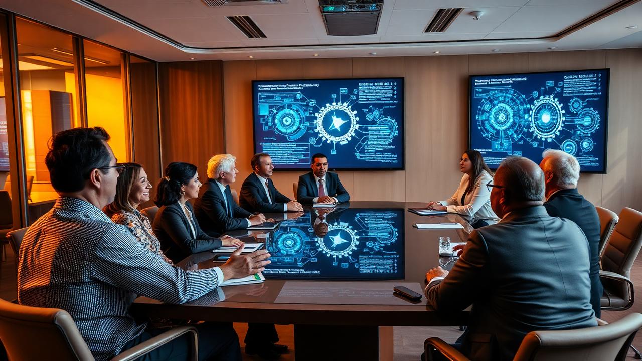 Senior CXOs and board directors discussing enterprise Generative AI strategy in an AltaFuturis Applied AI MasterClass boardroom session