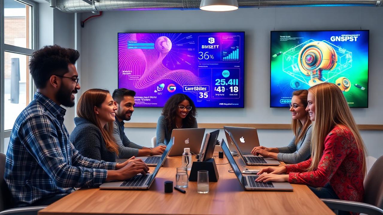 Diverse marketing team using Generative AI tools to automate digital marketing content during an AltaFuturis Applied AI MasterClass